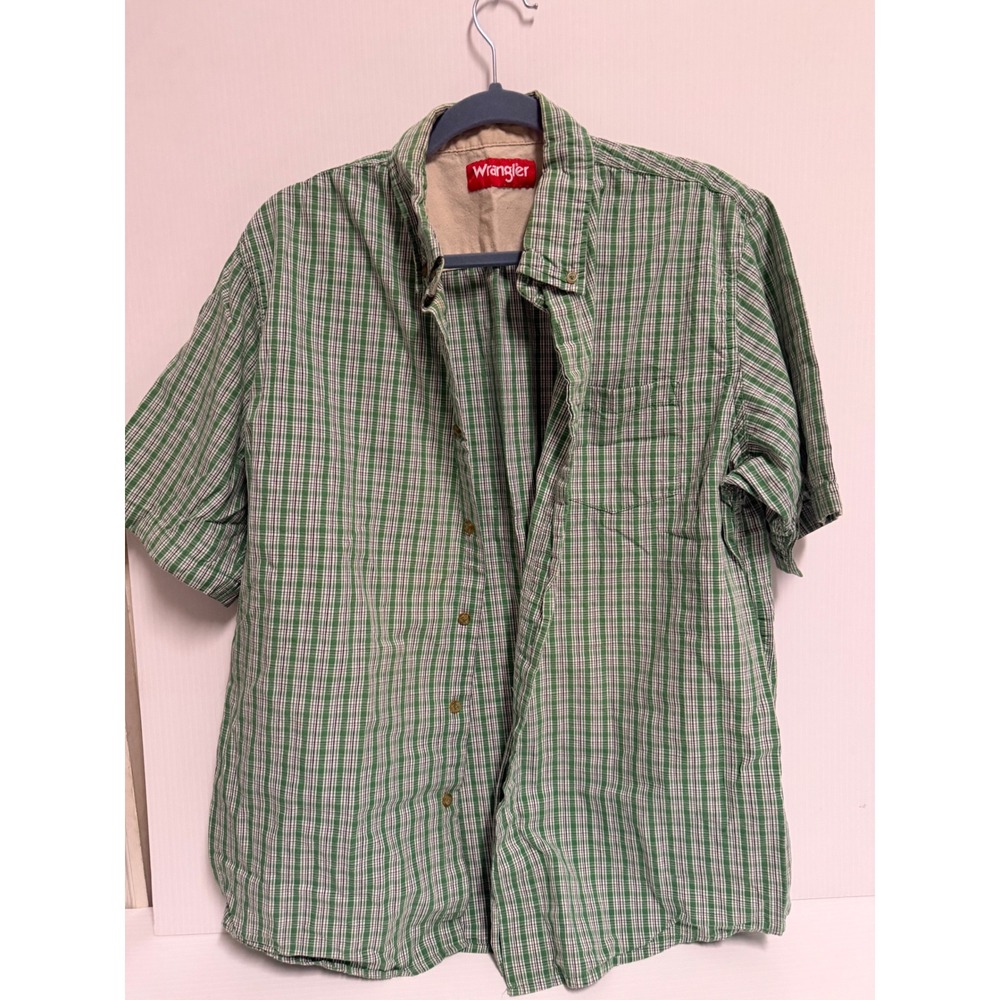 Wrangler Mens Green Plaid Short Sleeve Button Down Cotton Shirt Large L